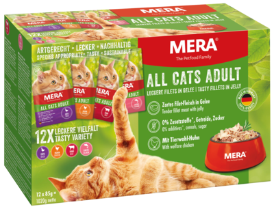 MERA Cats All Cats Adult Nassfutter Multibox Mit den Geschmacksrichtungen Huhn, Rind, Ente & Lachs MERA Cats All Cats Adult Nassfutter Multibox Mit den Geschmacksrichtungen Huhn, Rind, Ente & Lachs